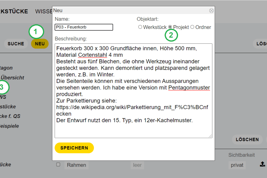 Screenshot, Werkstück bearbeiten, Anleitung Schritte 1-3, Projekt anlegen