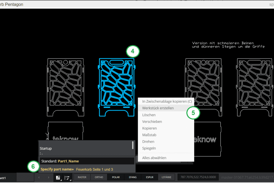 Screenshot, Werkstück bearbeiten, Anleitung Schritte 4-6, CAD-Editor