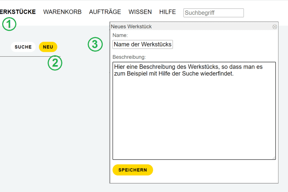 Screenshot-Anleitung, Werkstück anlegen, Schritte 1-3