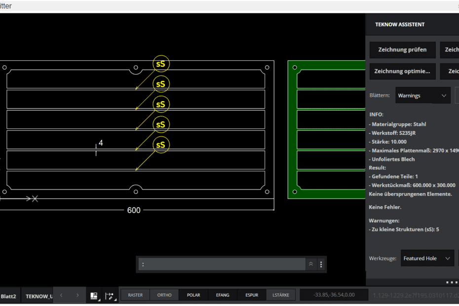 Screenshot, Warnmeldungen CAD-Editor, Lüftungsgitter mit langen Stegen