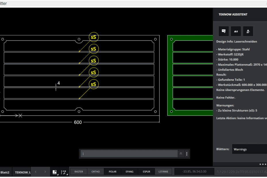 Screenshot, Warnmeldungen CAD-Editor, Lüftungsgitter mit langen Stegen